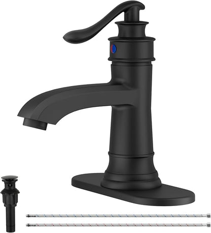 Matte Black Bathroom Faucet Brass Single Handle Bathroom Sink Faucets | Single Hole Farmhouse Faucet Vanity Lavatory RV with Overflow Pop Up Drain Mixer Tap Commcercial Rustic by BATHLAVISH