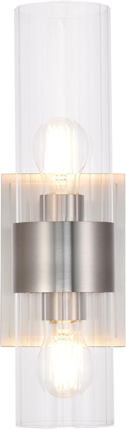 Modern Bathroom Sconces Wall Lighting with Clear Ribbed Glass, Brushed Nickel 2-Light Bathroom Vanity Light Fixtures for Mirror Living Room Hallway Bedroom