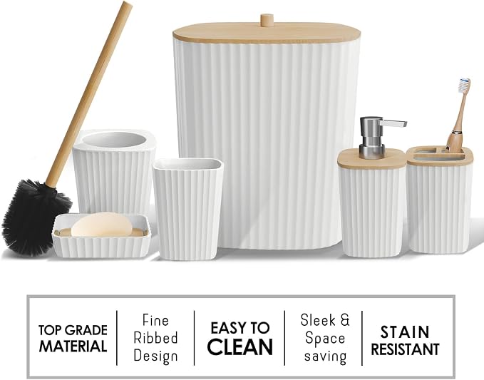 Clara Clark Bathroom Set - White Bathroom Accessories Set, 6PC Bathroom Accessory Set, Bathroom Sets with Toilet Brush, Trash Can & Soap Dispenser