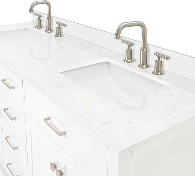 Alenza 72 Inch Bathroom Vanity Double Sink — White Bathroom Vanity with Sink, 1.5" Edge Carrara White Quartz Countertop & Backsplash, 4 Soft-Close Doors, 4 Dovetail Drawers