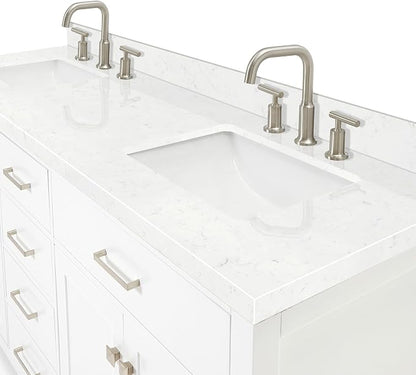 Alenza 72 Inch Bathroom Vanity Double Sink — White Bathroom Vanity with Sink, 1.5" Edge Carrara White Quartz Countertop & Backsplash, 4 Soft-Close Doors, 4 Dovetail Drawers