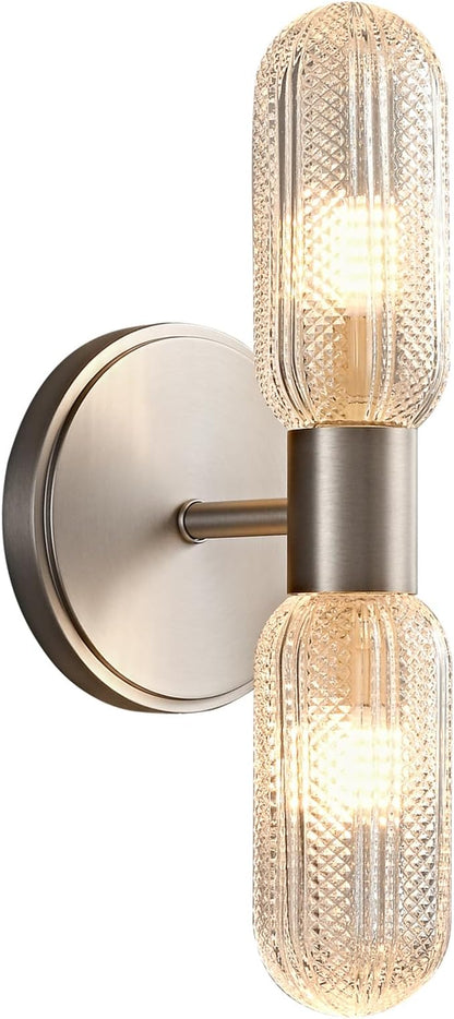 Brushed Nickel Wall Sconces 12.3in Knurled Glass Wall Light, Brass Material | 2-Light Wall Lights for Bathroom Bedroom Hallway Bathroom Vanity Mirror Entrance, Hardwired, bulb included