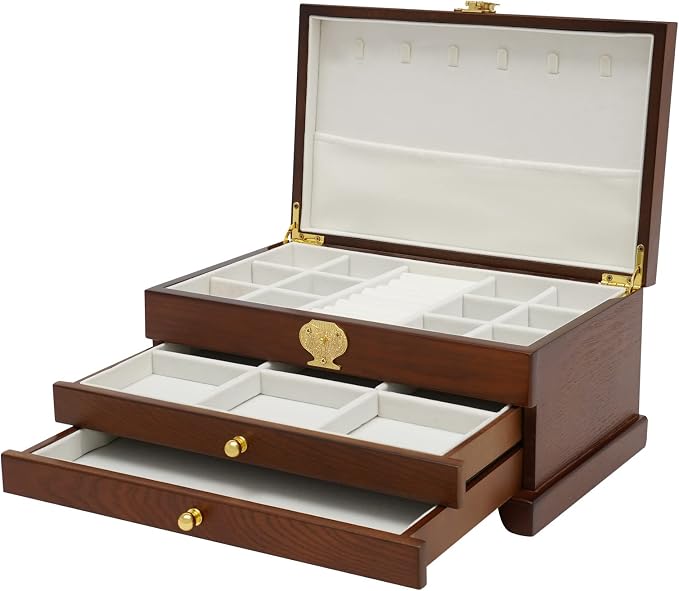 Extra Large 3 Layers Wooden Jewelry Box Jewelry Case Cabinet Armoire Ring Necklacel Gift Storage Box Organizer(3 Layers,Brown)