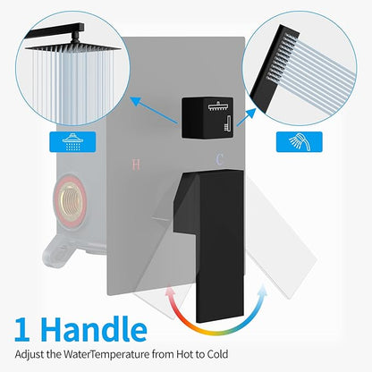 Black Shower System Sets Faucet: EMBATHER 10 Inch Overhead Rainhead Shower Combo Set with Handheld and Valve-Luxury Rain Mixer Rainfall Black Shower Faucets Sets Complete