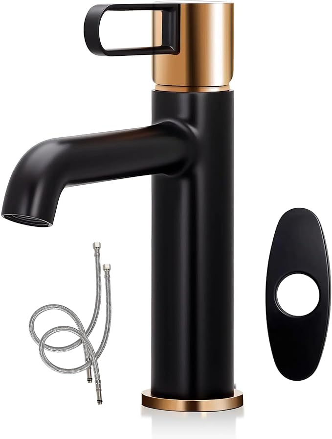 Single Hole Bathroom Faucet | 6.9" Black and Gold Luxury Single Handle Bathroom Faucet with Solid Brass Body, Spot-Free Finish & Anti-Splash Design | 1 or 3 Hole | Easy Installation