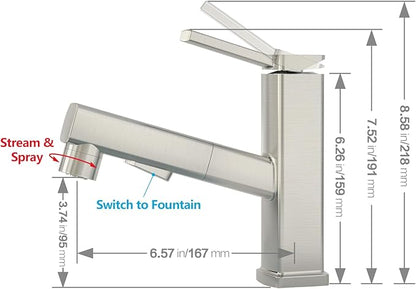 MIAOHUI Pull Out Single Hole Bathroom Faucet, 3 Spray Mode Single Handle Bathroom Faucets for Sink 1 Hole, Bathroom Sink Faucet with Pull Down Sprayer, Vanity Faucet with Fountain Mode, Brushed Nickel