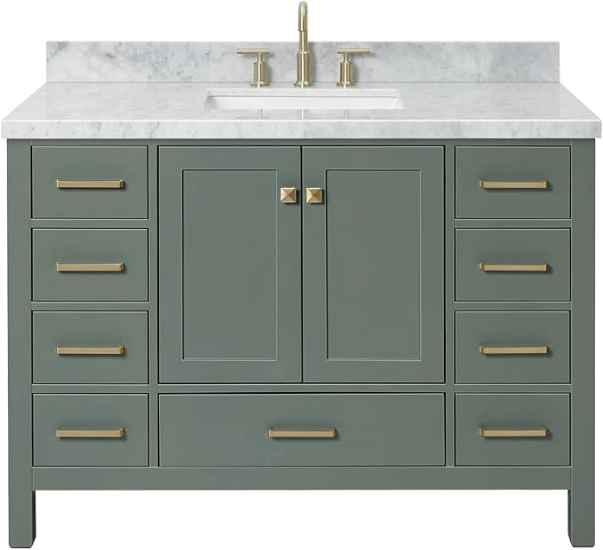 Beckford 48-inch Vintage Green Bathroom Vanity with Center Rectangle Single Sink, Italian Carrara Marble Countertop & Backsplash, Solid Wood Frame, Soft-Closing & Dovetail Drawers
