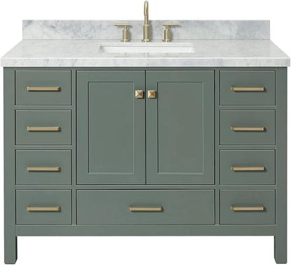 Beckford 48-inch Vintage Green Bathroom Vanity with Center Rectangle Single Sink, Italian Carrara Marble Countertop & Backsplash, Solid Wood Frame, Soft-Closing & Dovetail Drawers