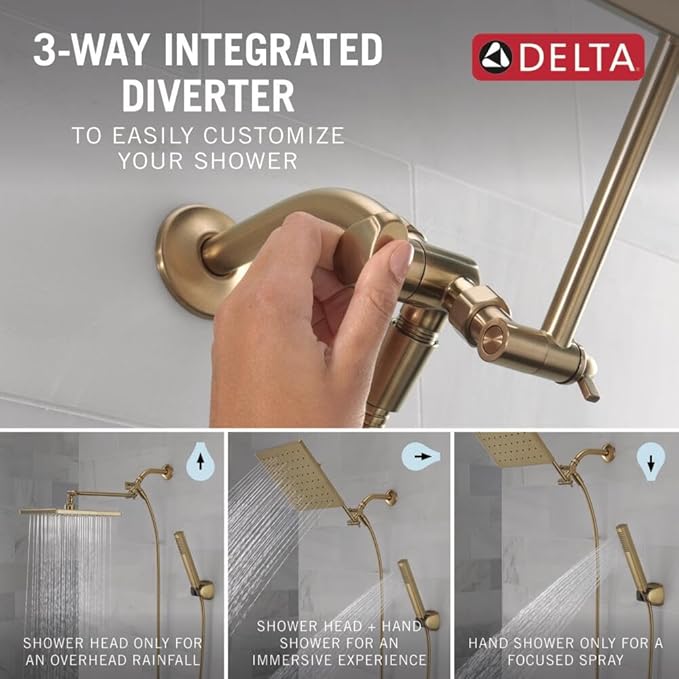 Delta Faucet 10-inch Raincan Shower Head and Hand Held Shower Combo, Gold Square Shower Head, Rainfall Shower Head, Hand Shower, High Pressure Shower, 1.75 GPM Flow Rate, Champagne Bronze 75527-CZ
