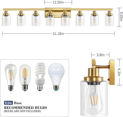 8 Light Gold Vanity Lights Over Mirror, 52inch Gold Bathroom Light Fixtures Modern Vanity Lights Gold Bathroom Wall Lighting for Mirror Bedroom,Living Room