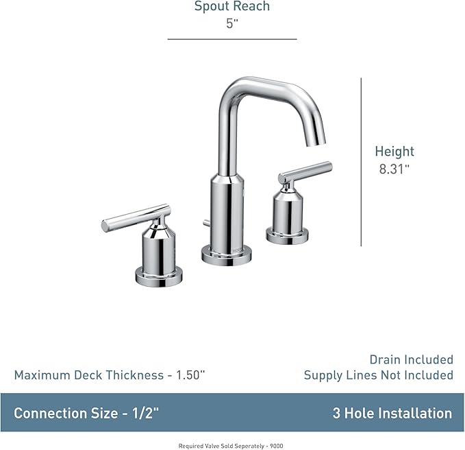 Moen Gibson Chrome Two-Handle 8-Inch Widespread High Arc Modern Bathroom Sink Faucet, Valve Required, T6142