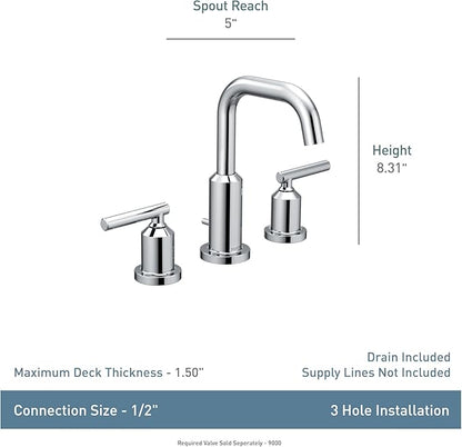 Moen Gibson Chrome Two-Handle 8-Inch Widespread High Arc Modern Bathroom Sink Faucet, Valve Required, T6142