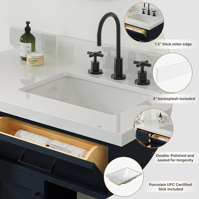ARIEL 37 inch Bathroom Vanity top with Sink, 1.5 Inch Thick Miter Edge White Quartz top, Right Offset Vanity top with Rectangle Porcelain Sink, Includes Backsplash