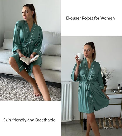 Ekouaer Women Kimono Robes Knee Length Knit Bathrobe Lightweight Soft Sleepwear V-neck Casual Ladies Loungewear