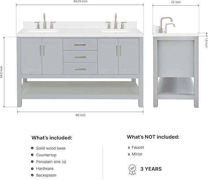 ARIEL Magnolia 60-inch Bathroom Vanity with Sink,Solid Wood, 1.5-inch Carrara White Quartz Countertop & Backsplash, Double Rectangular Porcelain Sink, 4 Soft Closing Doors, 3 Dovetail Drawers, Grey