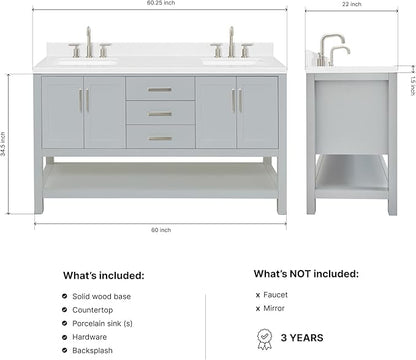 ARIEL Magnolia 60-inch Bathroom Vanity with Sink,Solid Wood, 1.5-inch Carrara White Quartz Countertop & Backsplash, Double Rectangular Porcelain Sink, 4 Soft Closing Doors, 3 Dovetail Drawers, Grey