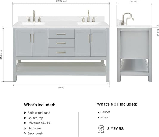 ARIEL Magnolia 60-inch Bathroom Vanity with Sink,Solid Wood, 1.5-inch Carrara White Quartz Countertop & Backsplash, Double Rectangular Porcelain Sink, 4 Soft Closing Doors, 3 Dovetail Drawers, Grey