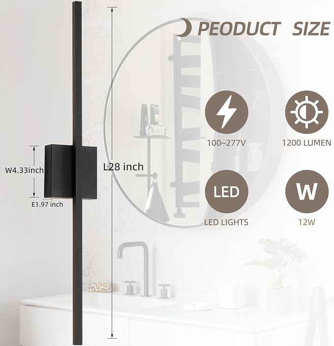 Black Wall Sconces Set of Two, 28 Inch Dimmable LED Bathroom | Wall Sconce Modern Black Sconces Set of 2 for Bathroom, Living Room, Bedroom, Hardwired 3000K (2 Pack)