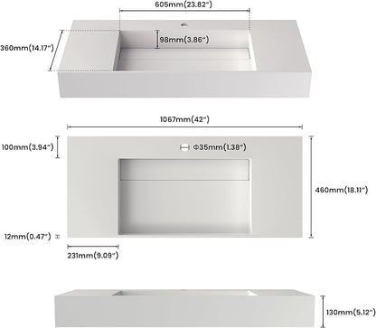 42" x 18" Wall Mount Sink, Stone Resin Rectangular Bathroom Sink | Modern Floating Vessel Sinks for Vanity, Art Basin Trough, Durable and Stylish Bathroom Sinks for Modern Homes, White