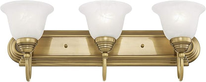 Livex Lighting 1003-01 Bath Vanity with White Alabaster Glass Shades, Antique Brass, 24 x 8.5 x 8.5