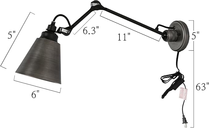 KSANA Modern 2 Pack Swing Arm Wall Sconce, Black Brushed Silver Plug-in or Hardwired Sconces Lighting, Adjustable Wall Mounted Lamp with On/Off Switch for Bathroom, Bedroom, Kitchen, Living Room
