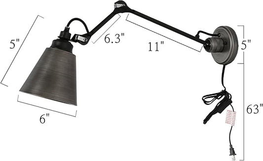 KSANA Modern 2 Pack Swing Arm Wall Sconce, Black Brushed Silver Plug-in or Hardwired Sconces Lighting, Adjustable Wall Mounted Lamp with On/Off Switch for Bathroom, Bedroom, Kitchen, Living Room