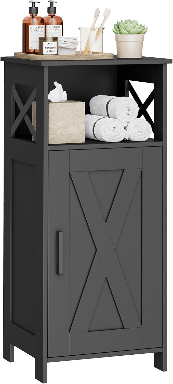 Homhedy Farmhouse Bathroom Storage Cabinet with Doors, Small Floor Cabinet | Toilet Paper Cabinet with Adjustable Shelf, Freestanding Storage Cabinet for Kitchen/Laundry/Living Room, 14"W, Black
