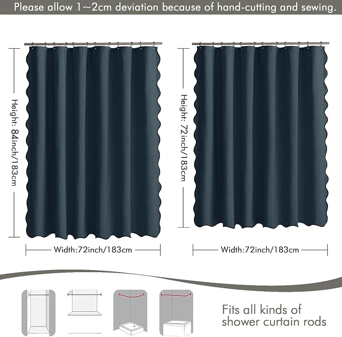 MIULEE Navy Blue Scalloped Linen Shower Curtain 72x72 Inches | Linen Textured, Waterproof, Washable, 12 Metal Hooks, Heavy Duty Cloth, Black Border, Shower Curtain for Bathroom Bathtub