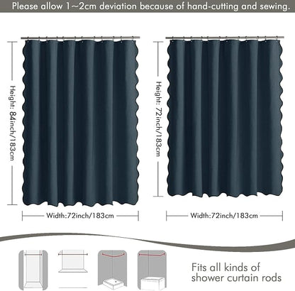 MIULEE Navy Blue Scalloped Linen Shower Curtain 72x72 Inches | Linen Textured, Waterproof, Washable, 12 Metal Hooks, Heavy Duty Cloth, Black Border, Shower Curtain for Bathroom Bathtub