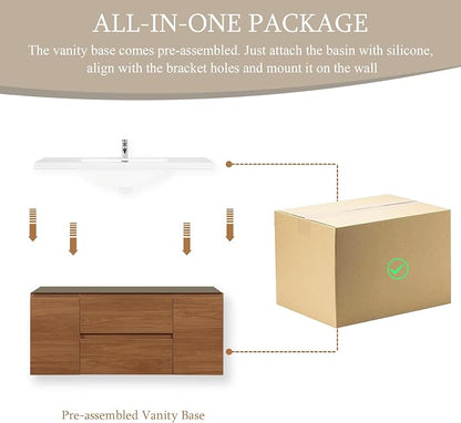 Floating Bathroom Vanity with Sink, 48" Wall-Mounted Bathroom Storage Vanity Cabinet with Resin Top Basin and Soft Close Drawers, No Assembly Required, Honey Gold Walnut