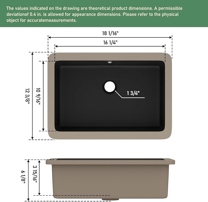 18x12 Inch Black Rectangle Undermount Bathroom Sink | Interior Bowl Size 16"W x 11"D, Ceramic, Rectangular Bottom, Easy to Clean, with Overflow, Ideal for Bathroom, Lavatory