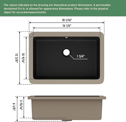 18x12 Inch Black Rectangle Undermount Bathroom Sink | Interior Bowl Size 16"W x 11"D, Ceramic, Rectangular Bottom, Easy to Clean, with Overflow, Ideal for Bathroom, Lavatory