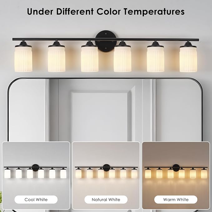 Jonsi Black Bathroom Light Fixtures 6-Light Vanity Lights Modern Wall Sconce with Milk White Shade Brushed Brass Bathroom Light Fixture Over Mirror for Bedroom Hallway Kitchen