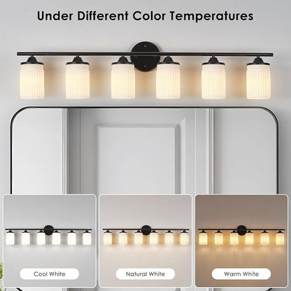 Jonsi Black Bathroom Light Fixtures 6-Light Vanity Lights Modern Wall Sconce with Milk White Shade Brushed Brass Bathroom Light Fixture Over Mirror for Bedroom Hallway Kitchen