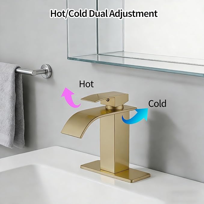 Wicbim Brushed Gold Bathroom Faucet,Modern Waterfall Black Bathroom Faucet,Single Handle Suitable for 1 or 3 Holes,Supply Deck Plate and Hose