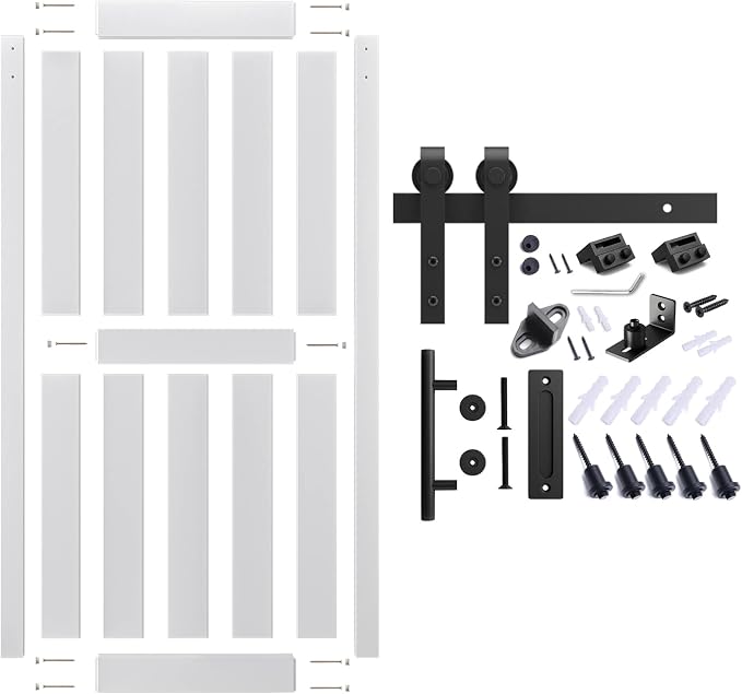 42''x84'' Sliding Barn Door with 7 Ft Barn Door Hardware Kit | Pre-Drilled Holes Easy Assembly - Include Installation Manual, Water-Proof PVC Surface, H-Frame, White