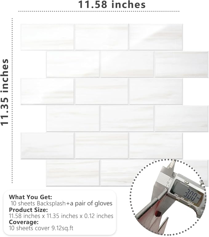 STICKGOO Peel and Stick Backsplash on Subway Tiles, Glossy Dolomite White | 10-Sheet Stick on Kitchen Backsplash, Waterproof, Self Adhesive PVC Wall Tiles for Kitchen, Bathroom, Fireplace