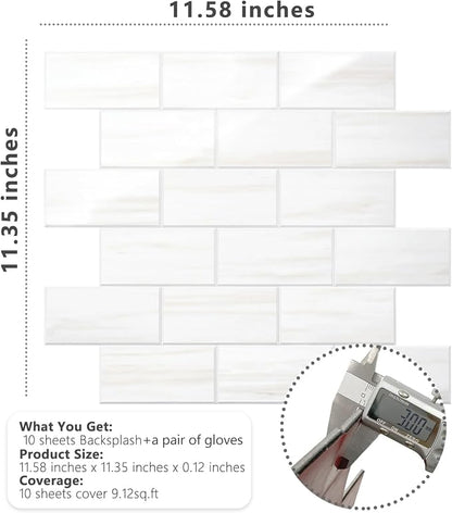 STICKGOO Peel and Stick Backsplash on Subway Tiles, Glossy Dolomite White | 10-Sheet Stick on Kitchen Backsplash, Waterproof, Self Adhesive PVC Wall Tiles for Kitchen, Bathroom, Fireplace