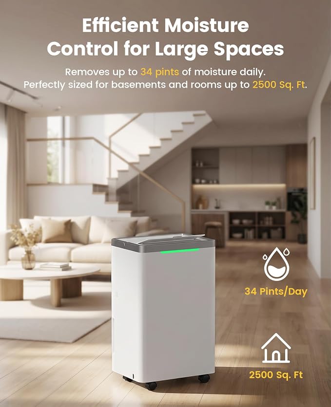 34 Pints Dehumidifier for Basement, with Drain Hose, 38dB Quiet, 2500 Sq.Ft | Continuous Drain, Auto Defrost, 24H Timer, Child Lock, Smart Humidity Control for Home, Large Room, Bedroom, Bathroom