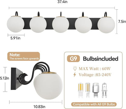 5 Lights Vintage Bathroom Vanity Light Fixtures Over Mirror, Matte Black Vanity Lights For Bathroom With Milk White Glass Globe Shade, Wall Lights For Bedroom, Hallway, Dressing Table(Includ G9 Bulbs)