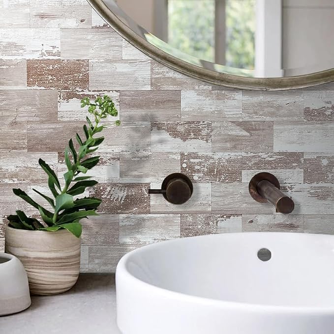 AULIGET 3" x 6" Subway Tile Peel and Stick Backsplash, Thick PVC Stick on Wall Tiles (4, Brown Birch)