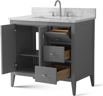Vanity Art 36 inch Bathroom Vanity with Single Sink & Ceramic Top, Vanity Cabinet with Soft-Closing Door, Solid Wood Frame, Linear Pattern, Cashmere Gray, VA9136-G-MB,Matte Black Handles