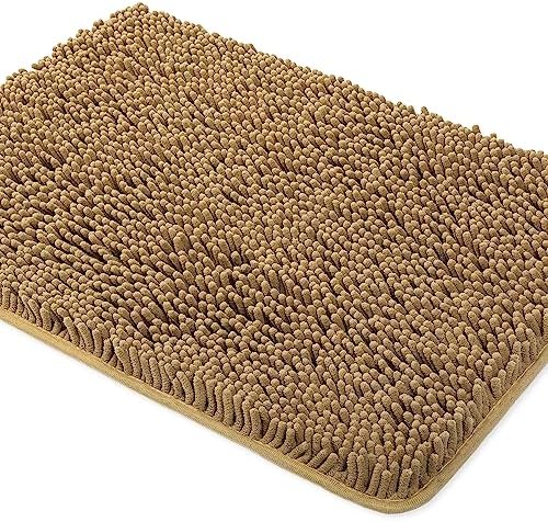Yeaban Chenille Tan Bathroom Rug 17"x24", Non-Slip Rubber Backing