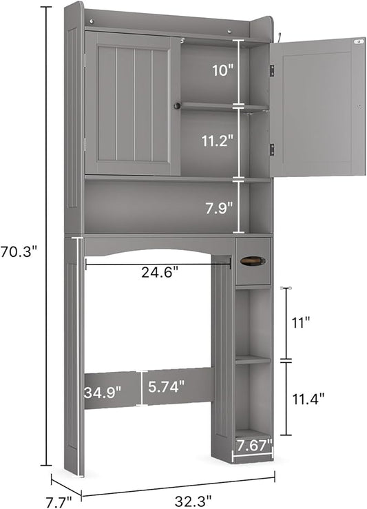 Ahomly Over The Toilet Storage Cabinet, 32.3" W Over Toilet Bathroom Organizer with Doors, Adjustable Shelves, Toilet Paper Holder, 2 Side Hooks, Space-Saver for Bathroom, Laundry, Grey