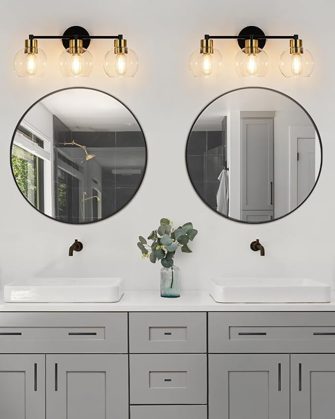 WILON Modern Bathroom Light Fixtures Over Mirror, 3-Light Bathroom Vanity Light, Black and Gold Vanity Light Fixture, Wall Lamp with Globe Clear Glass Shades