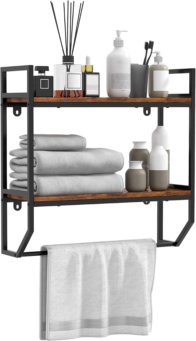 GOFLAME 2-Tier Industrial Bathroom Shelves with Towel Bar, Over the Toilet Shelf Wall Mounted with Metal Frame, Wall Storage Organizer Shelf for Bathroom, Living Room, Kitchen, Rustic Brown
