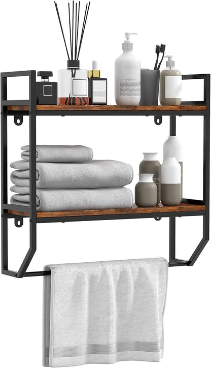 GOFLAME 2-Tier Industrial Bathroom Shelves with Towel Bar, Over the Toilet Shelf Wall Mounted with Metal Frame, Wall Storage Organizer Shelf for Bathroom, Living Room, Kitchen, Rustic Brown
