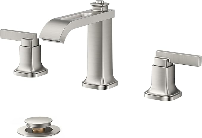 FORIOUS Bathroom Faucet 3 Hole Widespread Sink Faucets Brushed Nickel | 3-hole 4-12 Inch Widespread Sink, Square Waterfall Spout, with Drain and Hoses,for Vanity Rv Commercial Lavatory Restroom