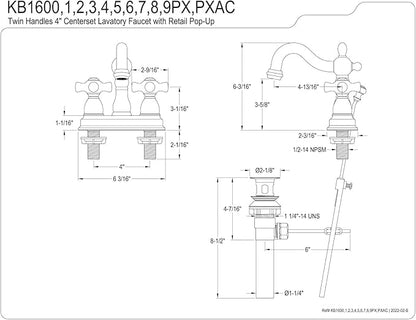 Kingston Brass KB1600PX Heritage 4 in. Centerset Bathroom Faucet, Matte Black