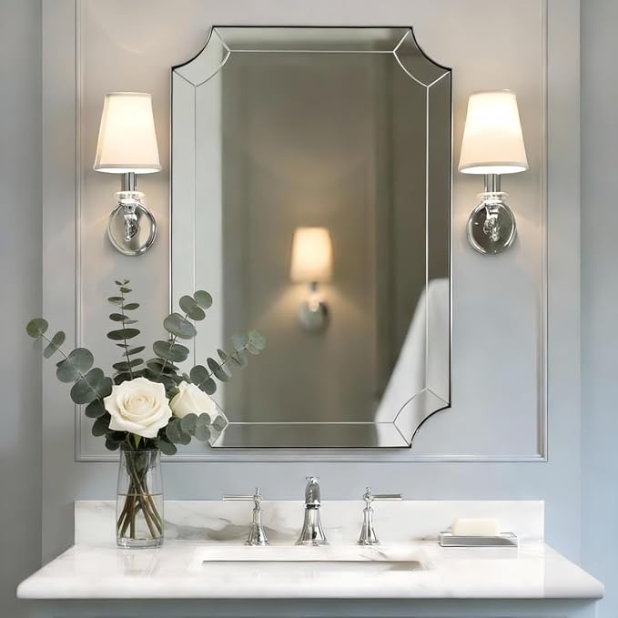 24"x36" Brushed Nickel Mirror, Scalloped Corner Wall Mirror with Segmented Glass, Silver Vanity Mirror in Anti-Rust Stainless Steel Metal Frame, Wall-Mounted Mirror (Horizontal/Vertical)